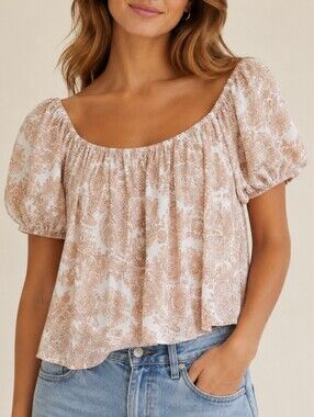Lulus Paisley Dreamer Off Shoulder Blouse Beige Women’s M Boho Cottagecore Puff